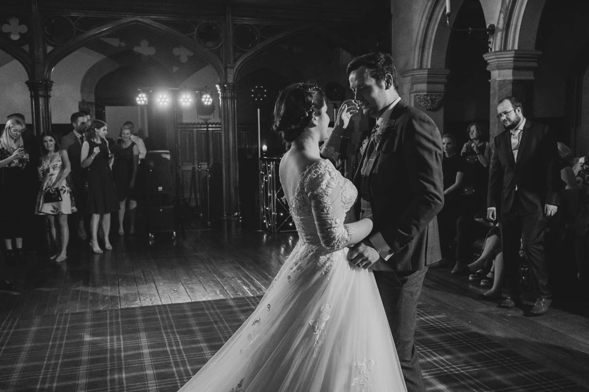 bride and groom's first dance in the great hall at st audries park