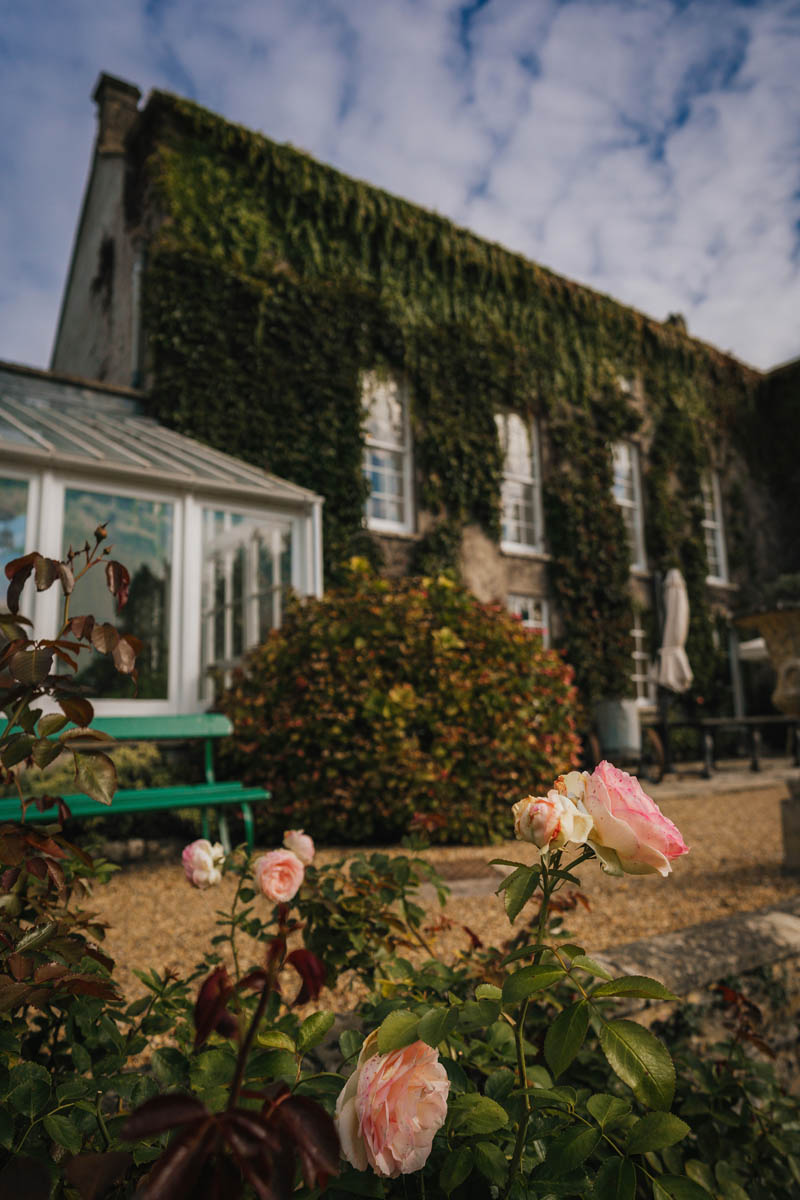 roses growing in the foreground with pennard house wedding venue behind