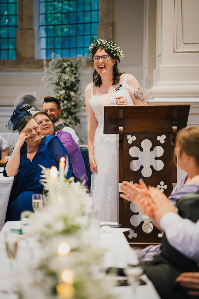 the bride delivers her wedding speech in the chapel at Arnos Vale