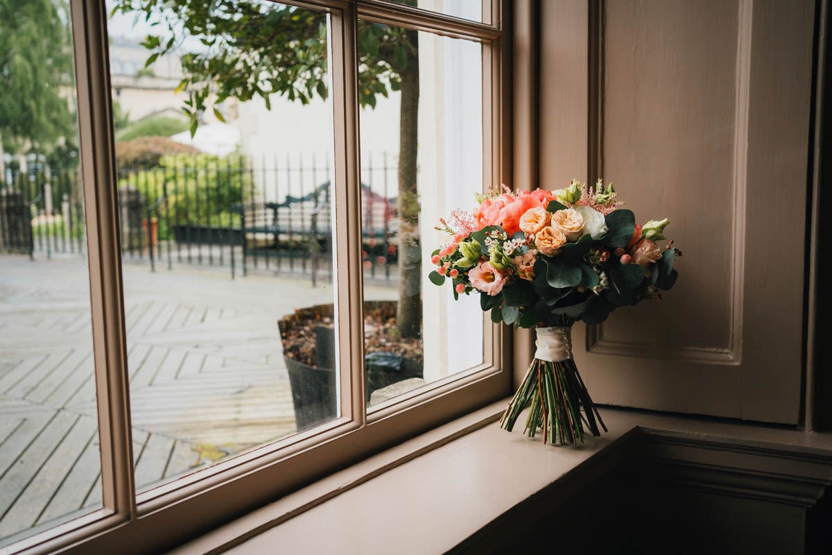 the bridal bouquet in the hotel window