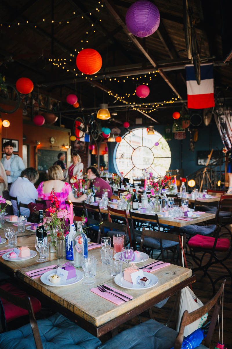 the mud dock cafe interior, dressed for a wedding