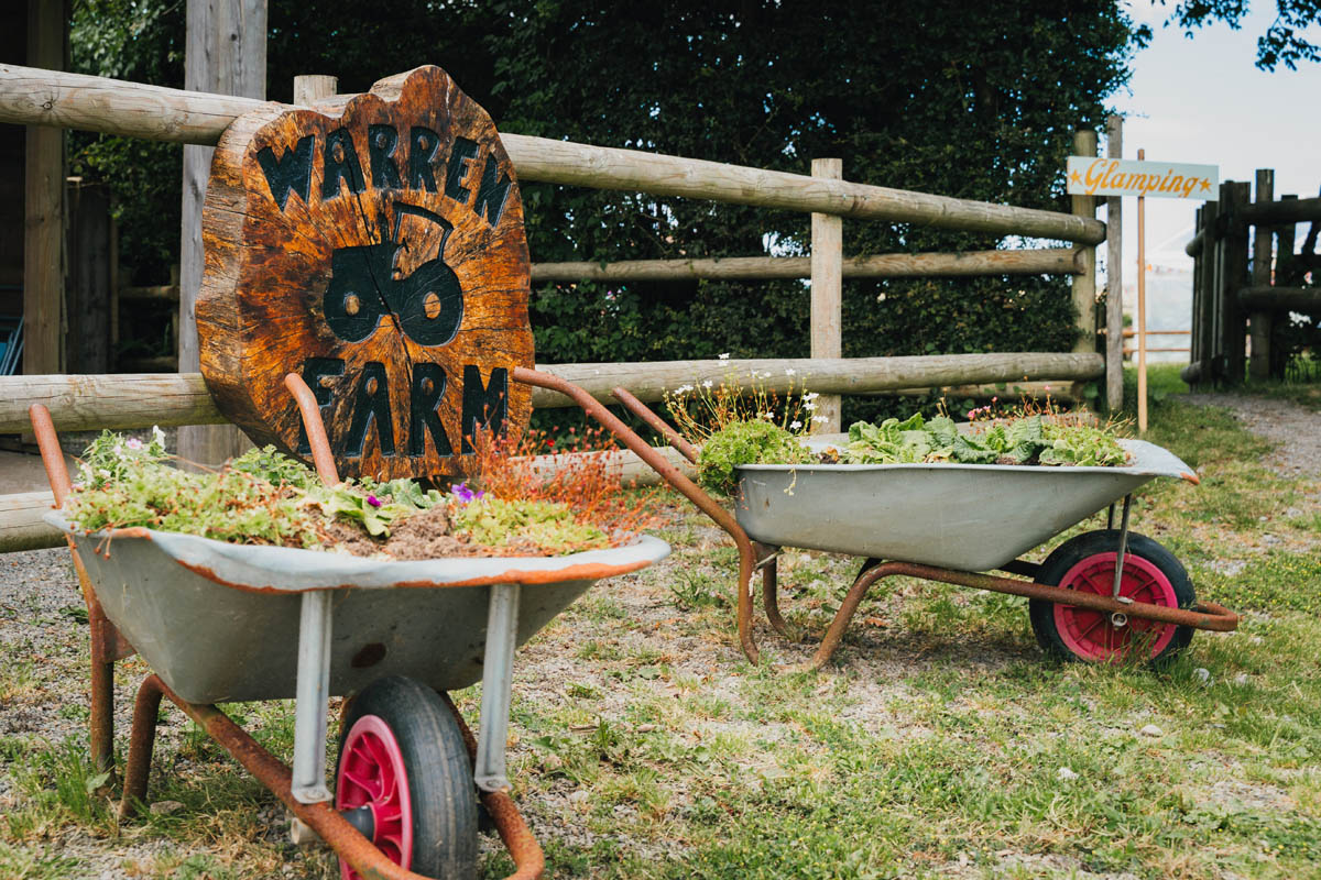 the warren farm sign with wheelbarrows filled with flowers