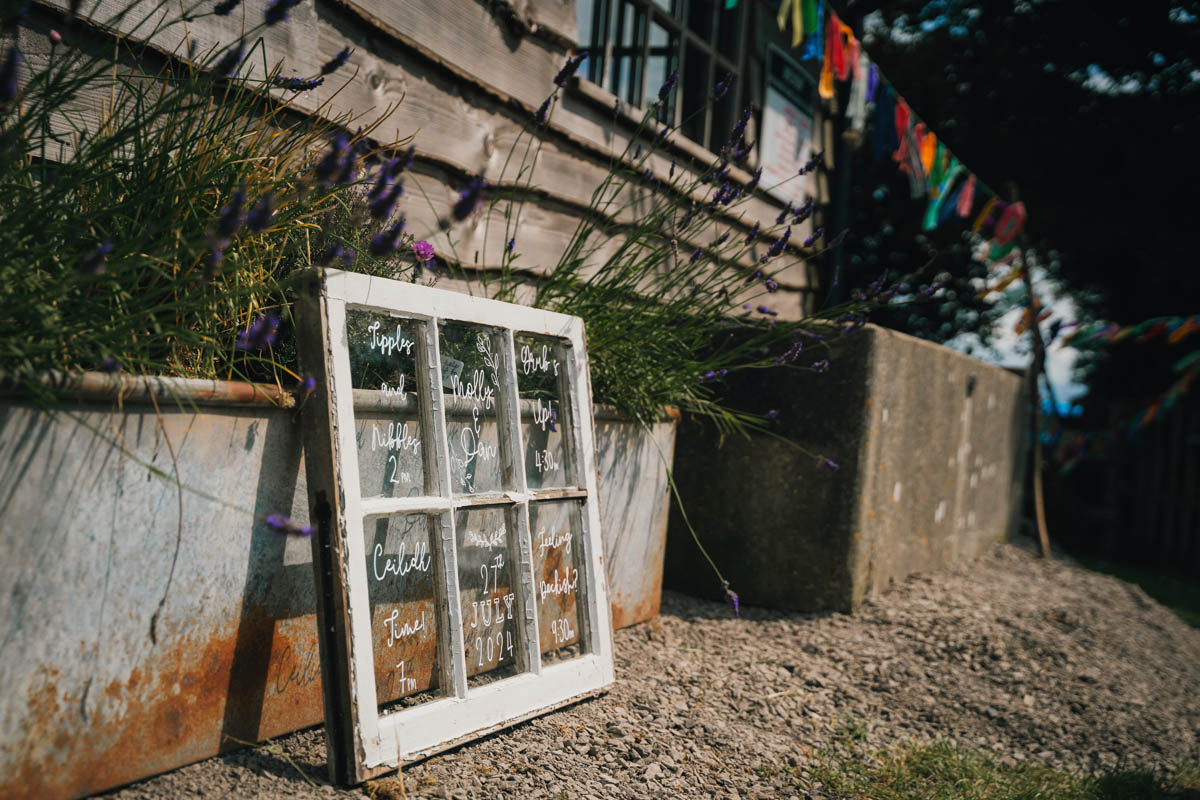 a timeline sign made out of an old rustic window with rag-tie bunting behind