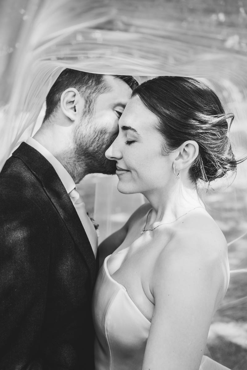 a bride and grom kiss underneath her veil in the cotswolds countryside