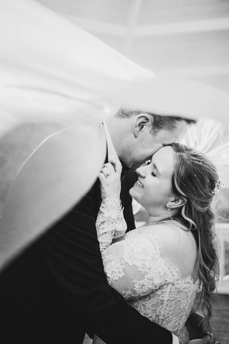 black and white portrait of the couple under the veil