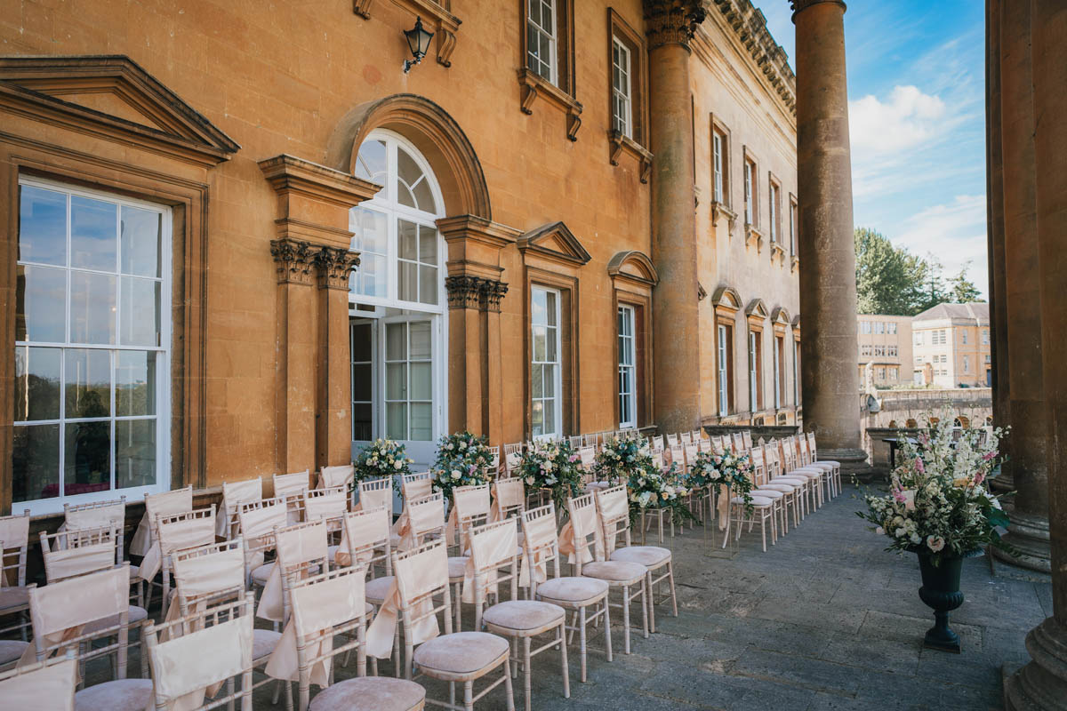prior park college set up for an outdoor ceremony on the Portico with views over Bath